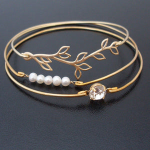 Bridesmaids Bracelet Set with Branch, Cultured Freshwater Pearls & Diamond Rhinestone-FrostedWillow