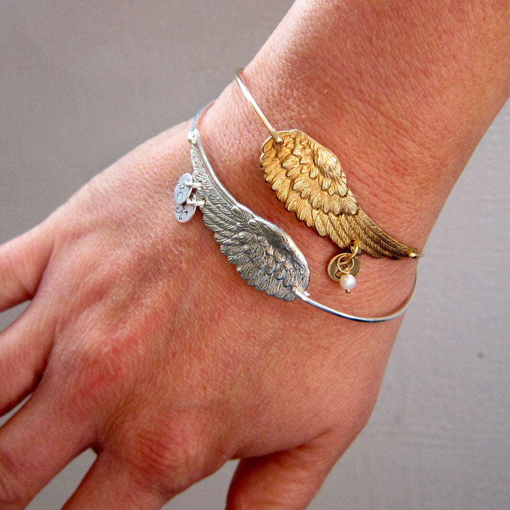 Personalized Wing Bracelet with Initial Charms and Birthstones-FrostedWillow
