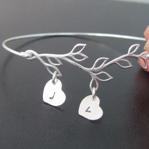 Custom Family Tree Bracelet with Hand Stamped Initial Heart Charms-FrostedWillow