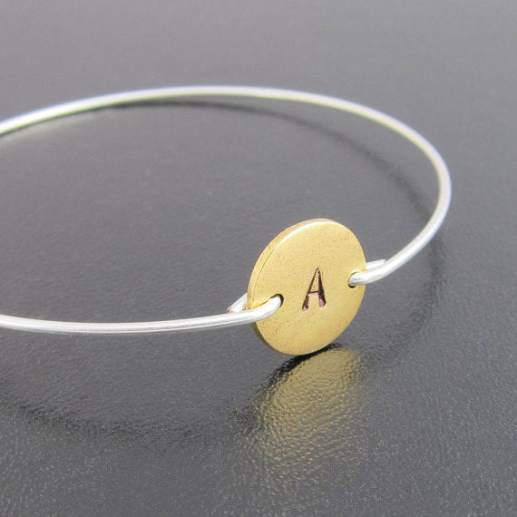 Two Tone Hand Stamped Initial Bangle Bracelet-FrostedWillow