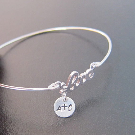Personalized Bridal Love Bangle Bracelet with Couples Charm-FrostedWillow