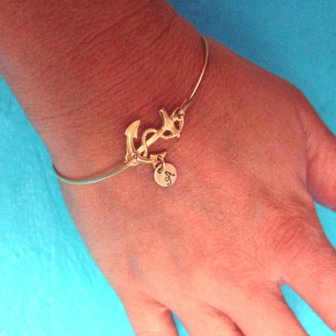 Personalized Initial Hand Staped Anchor Bracelet-FrostedWillow