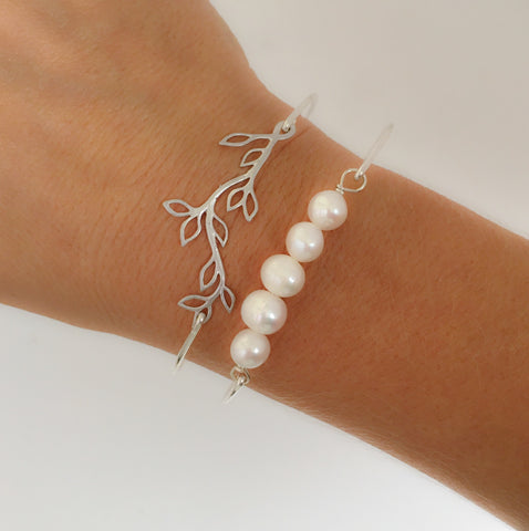 Image of Branch & Cultured Freshwater Pearl Bangle Bracelet Set-FrostedWillow