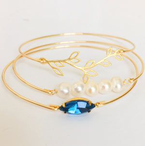 Vine, Cultured Freshwater Pearls & Blue Rhinestone Bangle Bracelet Set