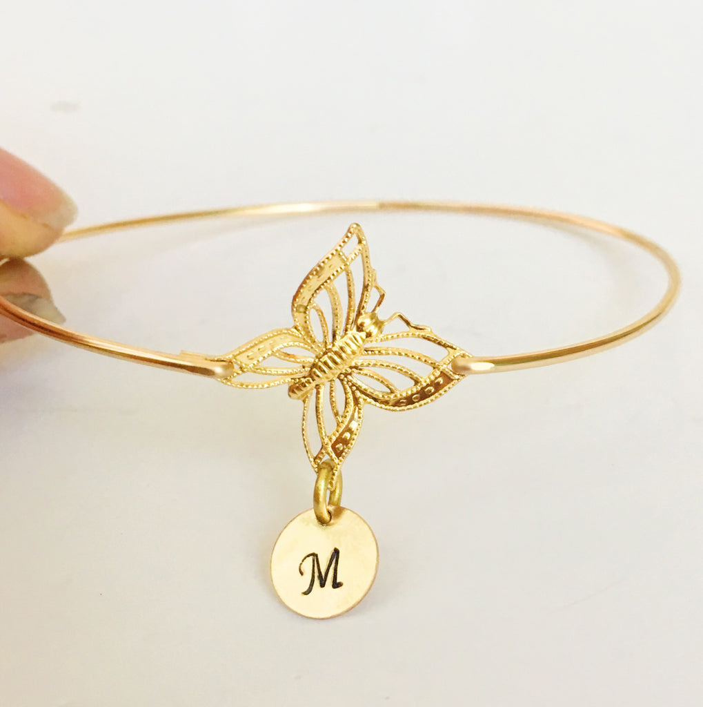 Butterfly Personalized Initial Bangle Bracelet-FrostedWillow