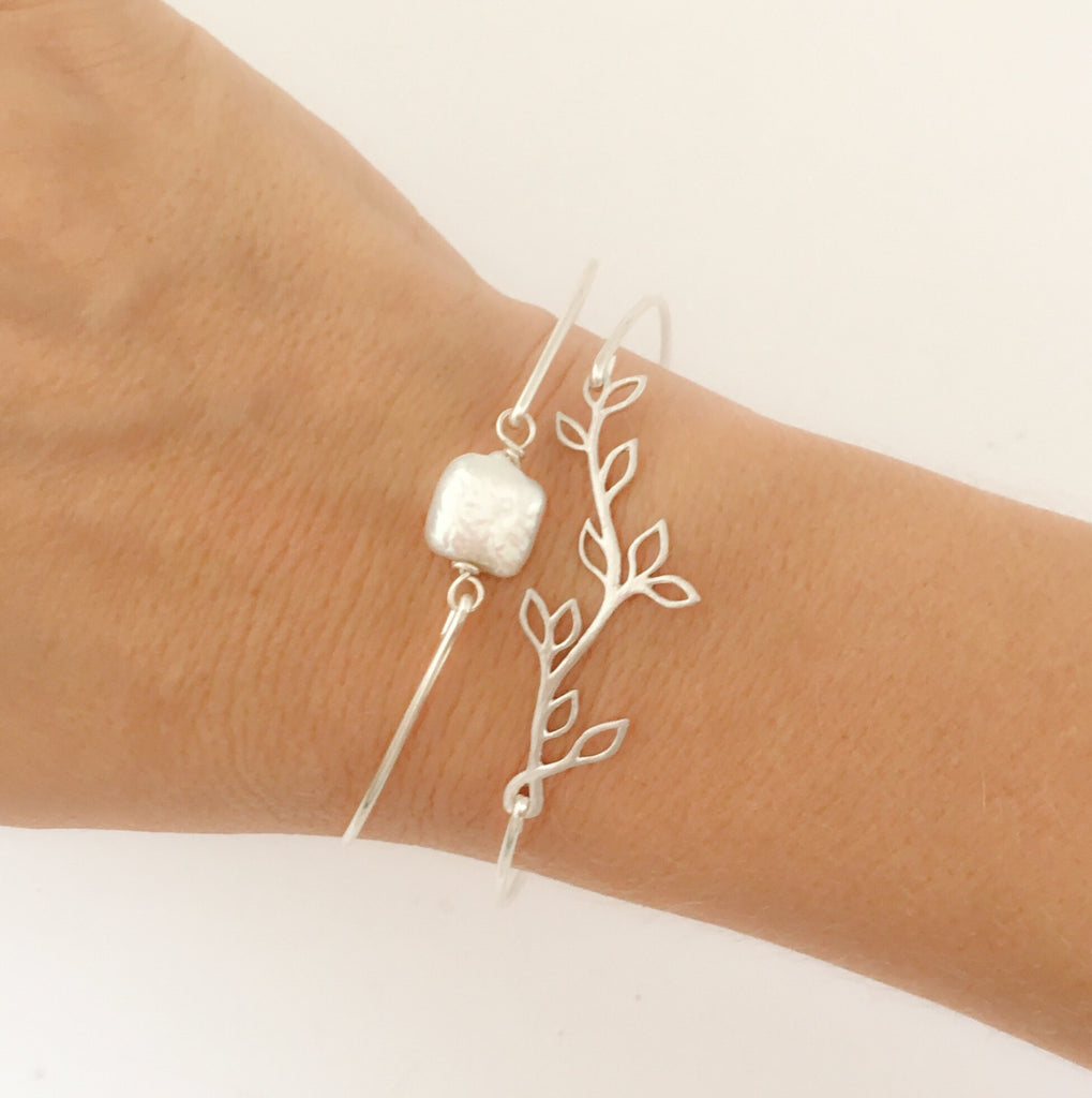 Branch and Cultured Freshwater Pearl Bangle Bracelet Set-FrostedWillow