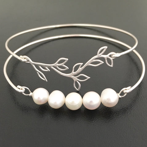 Image of Branch & Cultured Freshwater Pearl Bangle Bracelet Set-FrostedWillow