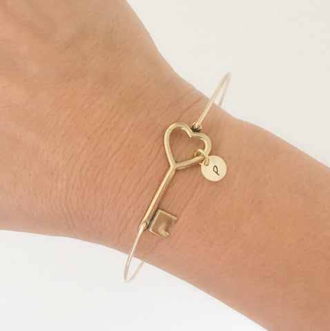 Image of Love Key Initial Bangle Bracelet-FrostedWillow